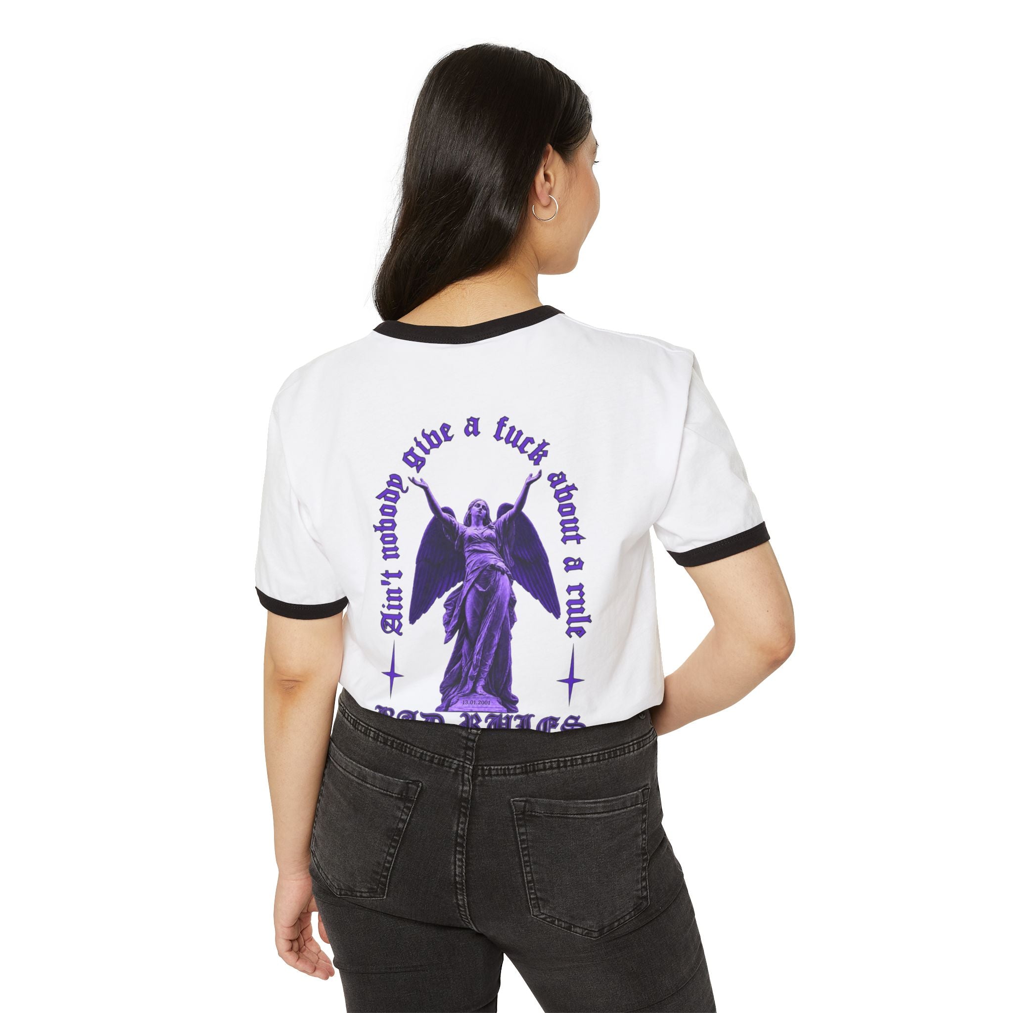 Ringer T-Shirt — 'RIVKA' Globe Front + Purple Angel 'Bad Rules' Graphic Back