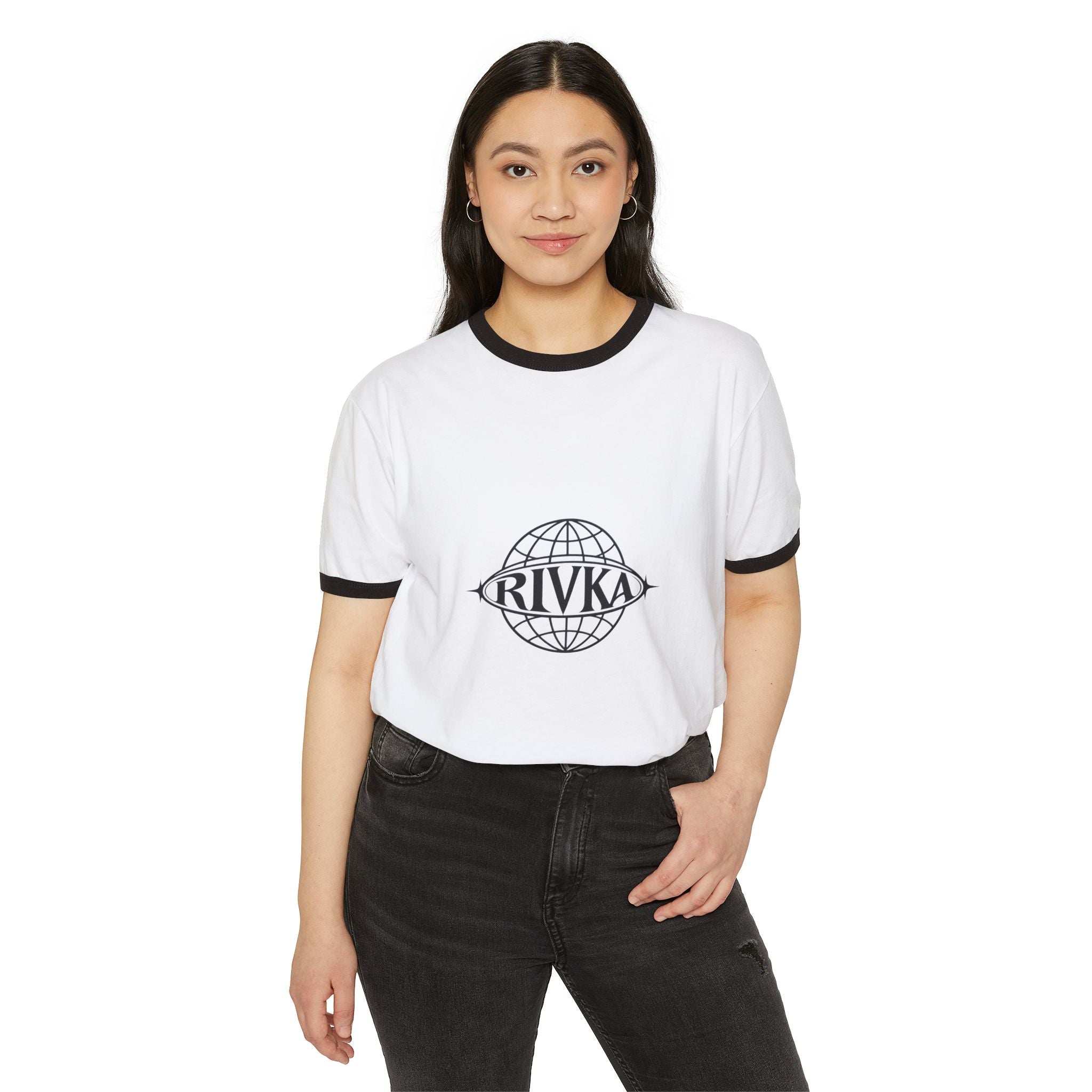 Ringer T-Shirt — 'RIVKA' Globe Front + Purple Angel 'Bad Rules' Graphic Back