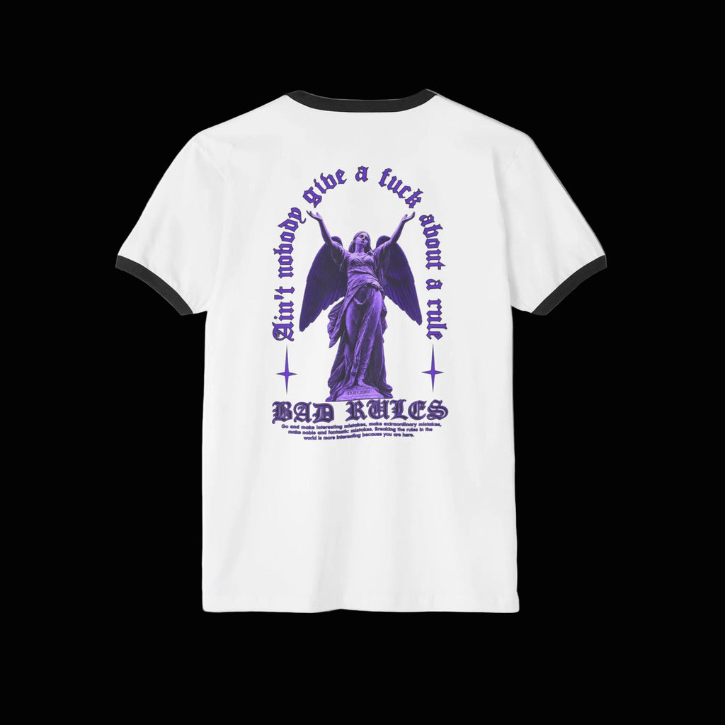 Ringer T-Shirt — 'RIVKA' Globe Front + Purple Angel 'Bad Rules' Graphic Back
