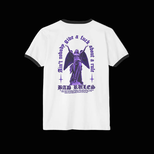 Ringer T-Shirt — 'RIVKA' Globe Front + Purple Angel 'Bad Rules' Graphic Back
