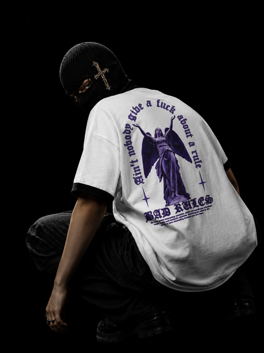 Ringer T-Shirt — 'RIVKA' Globe Front + Purple Angel 'Bad Rules' Graphic Back