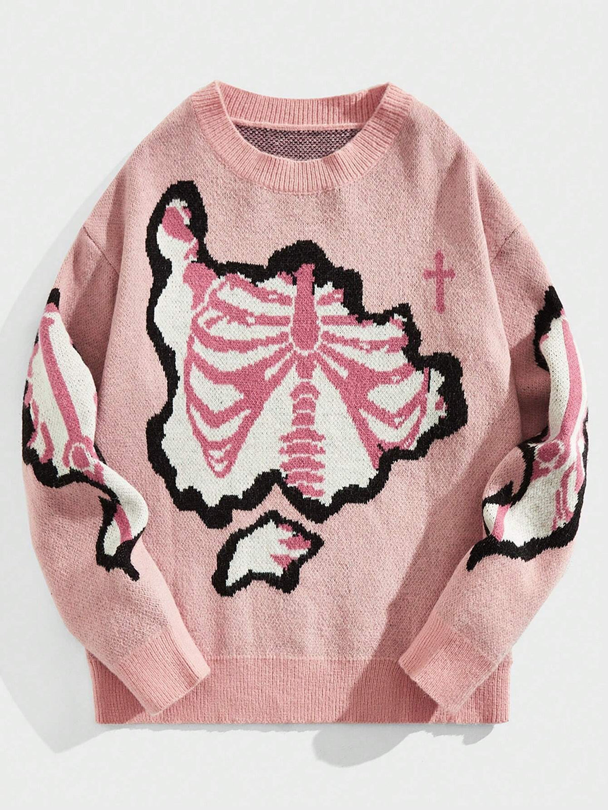 Dark Style Skeleton Jacquard Round Neck Pullover Knitted Sweater – Street Trend Statement Knit - Rivka Wear
