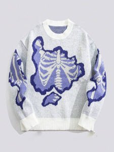 Dark Style Skeleton Jacquard Round Neck Pullover Knitted Sweater – Street Trend Statement Knit - Rivka Wear