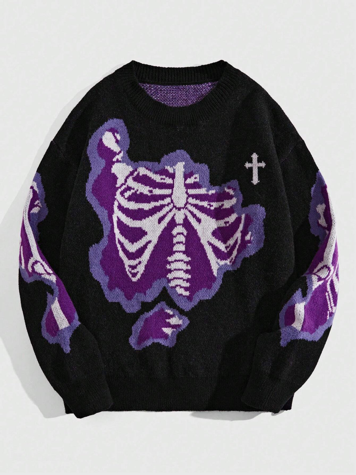 Dark Style Skeleton Jacquard Round Neck Pullover Knitted Sweater – Street Trend Statement Knit - Rivka Wear
