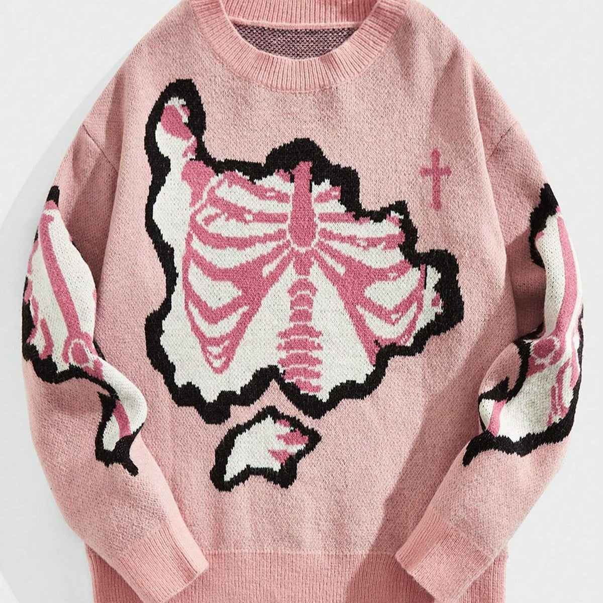 Dark Style Skeleton Jacquard Round Neck Pullover Knitted Sweater – Street Trend Statement Knit - Rivka Wear