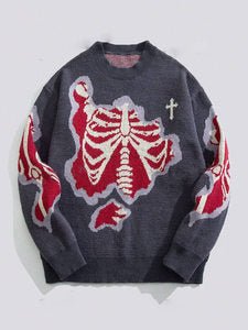 Dark Style Skeleton Jacquard Round Neck Pullover Knitted Sweater – Street Trend Statement Knit - Rivka Wear