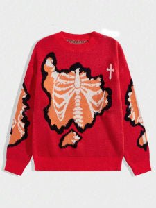 Dark Style Skeleton Jacquard Round Neck Pullover Knitted Sweater – Street Trend Statement Knit - Rivka Wear