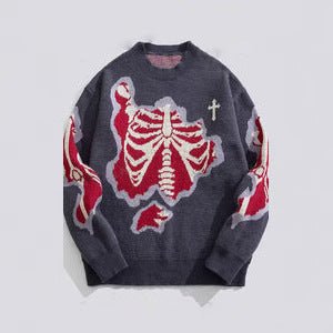 Dark Style Skeleton Jacquard Round Neck Pullover Knitted Sweater – Street Trend Statement Knit - Rivka Wear