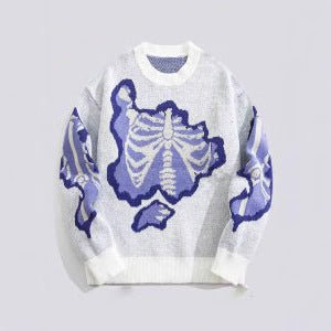 Dark Style Skeleton Jacquard Round Neck Pullover Knitted Sweater – Street Trend Statement Knit - Rivka Wear