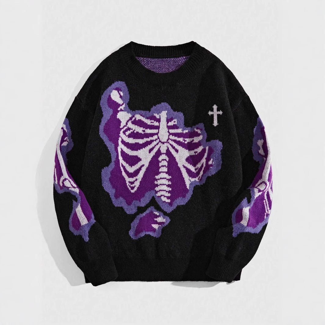 Dark Style Skeleton Jacquard Round Neck Pullover Knitted Sweater – Street Trend Statement Knit - Rivka Wear