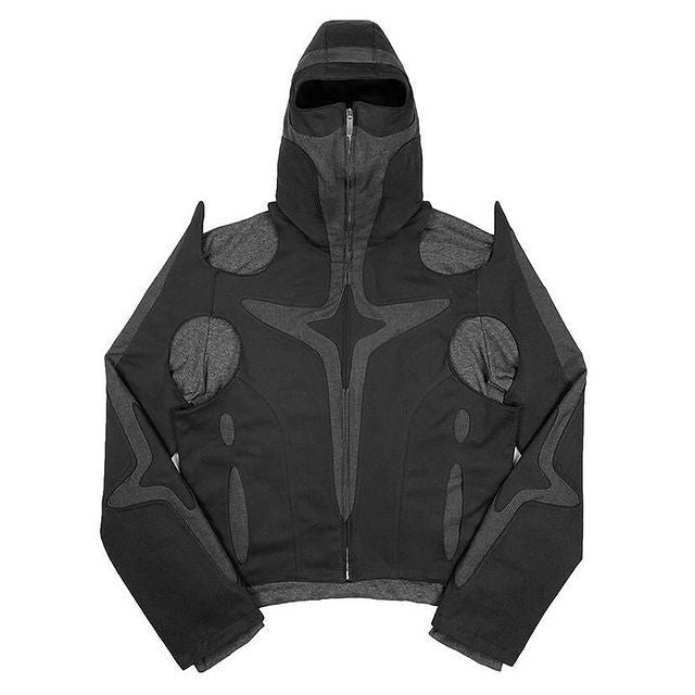 Dark Warrior Style Tooling Zip-Up Hooded Patchwork Sweater – Long-Sleeve Street Pullover - Rivka Wear