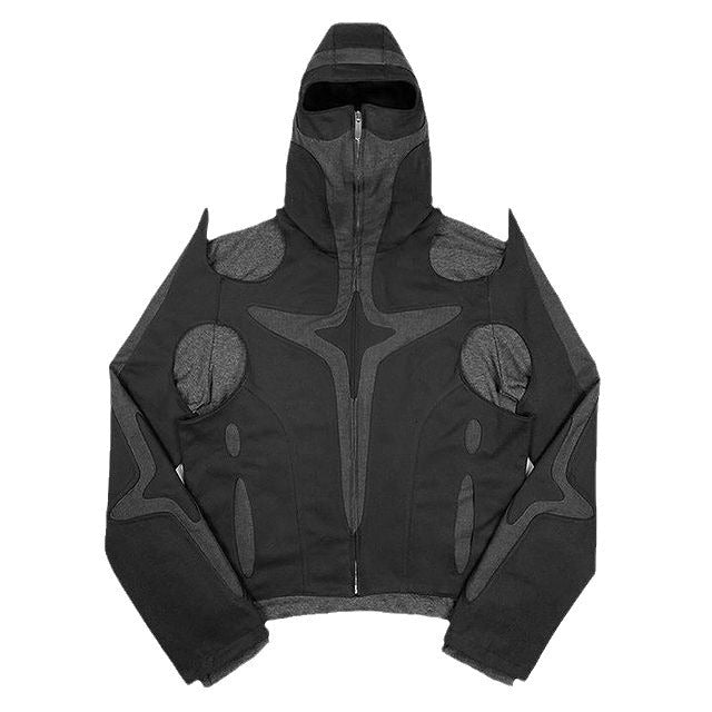 Dark Warrior Style Tooling Zip-Up Hooded Patchwork Sweater – Long-Sleeve Street Pullover - Rivka Wear