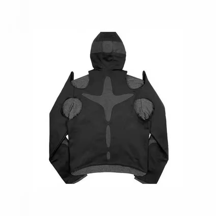 Dark Warrior Style Tooling Zip-Up Hooded Patchwork Sweater – Long-Sleeve Street Pullover - Rivka Wear