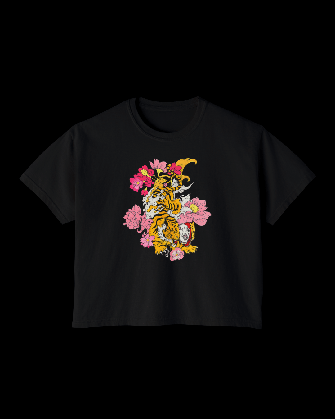 Floral Tiger Women's Boxy Tee — Vintage Tattoo Inspired Graphic Shirt - Rivka Wear