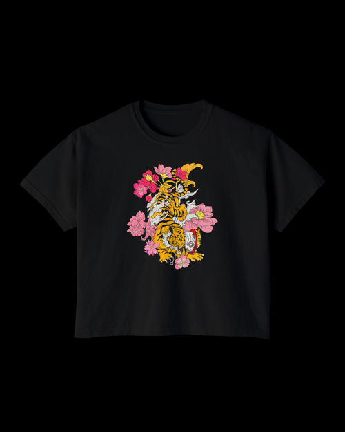 Floral Tiger Women's Boxy Tee — Vintage Tattoo Inspired Graphic Shirt - Rivka Wear