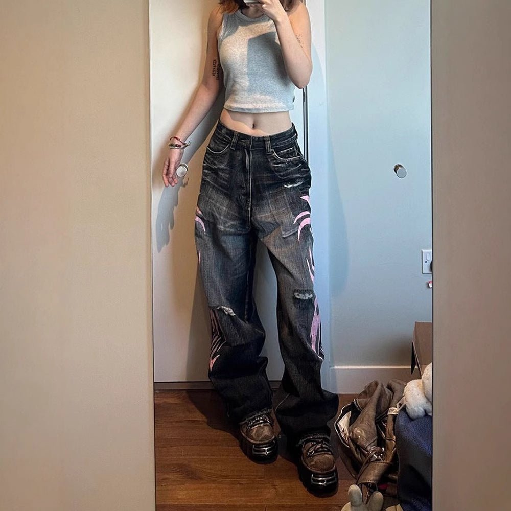 High-Waist Ripped Vibe Printed Jeans – Full-Length Street Fashion Denim Pants - Rivka Wear