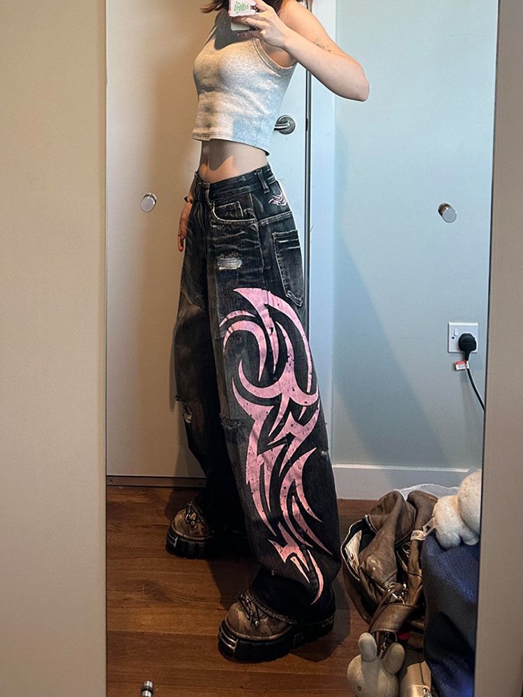 High-Waist Ripped Vibe Printed Jeans – Full-Length Street Fashion Denim Pants - Rivka Wear