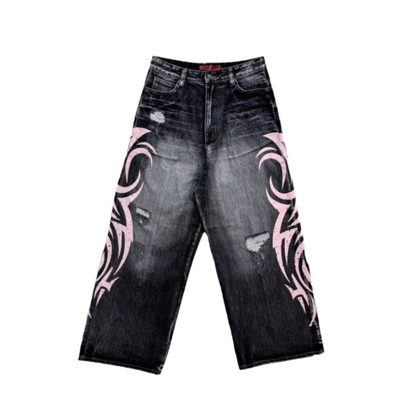 High-Waist Ripped Vibe Printed Jeans – Full-Length Street Fashion Denim Pants - Rivka Wear