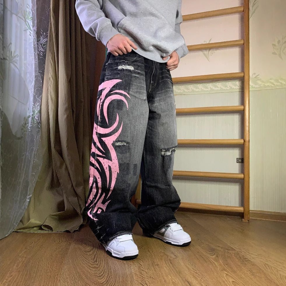High-Waist Ripped Vibe Printed Jeans – Full-Length Street Fashion Denim Pants - Rivka Wear