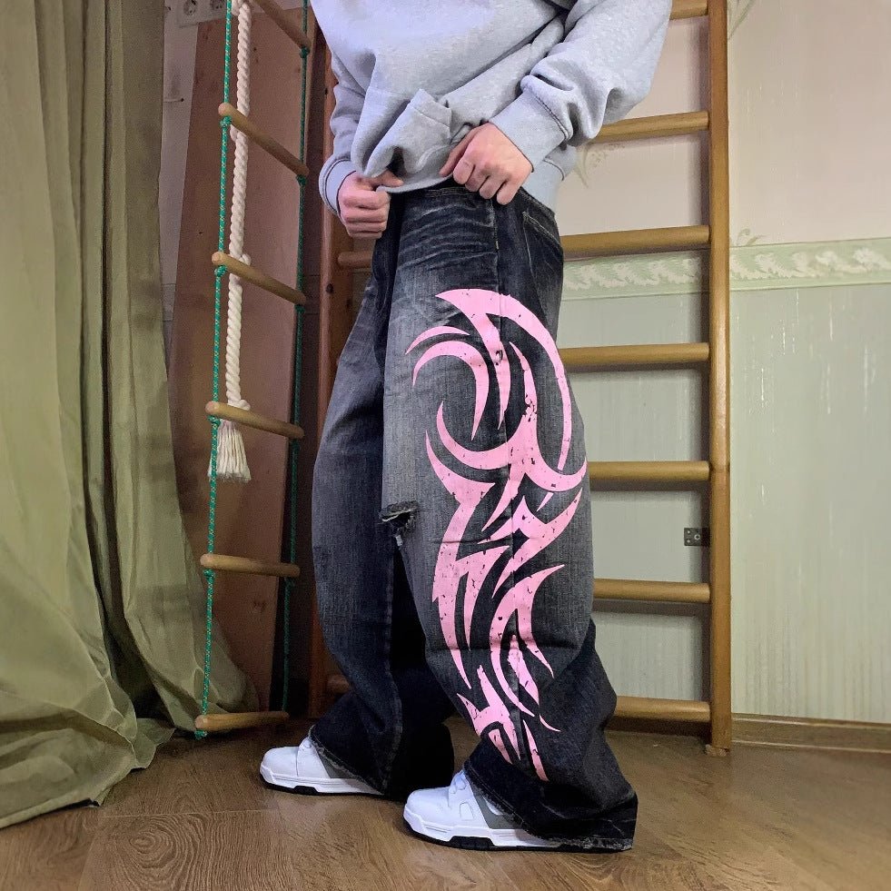 High-Waist Ripped Vibe Printed Jeans – Full-Length Street Fashion Denim Pants - Rivka Wear