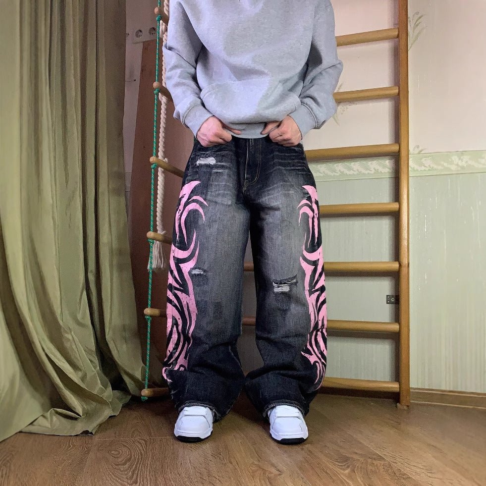 High-Waist Ripped Vibe Printed Jeans – Full-Length Street Fashion Denim Pants - Rivka Wear