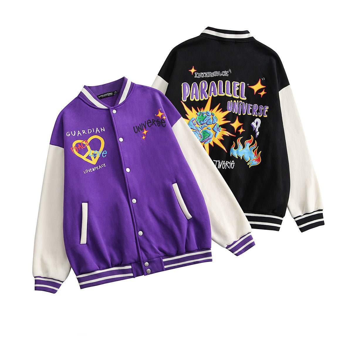 Loose-Fit Fleece Baseball Jacket – Street Style V-Neck Printed Cotton Coat - Rivka Wear
