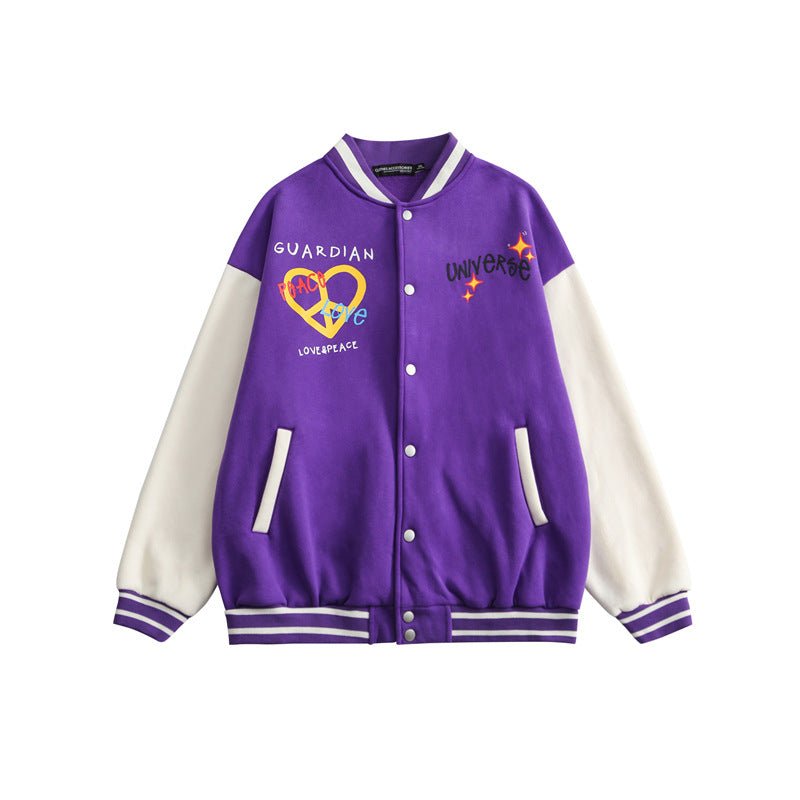 Loose-Fit Fleece Baseball Jacket – Street Style V-Neck Printed Cotton Coat - Rivka Wear