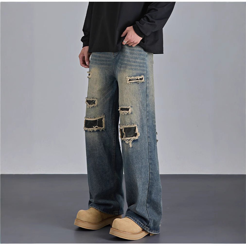 Men's Camouflage Ripped Jeans – American Streetwear Straight-Leg Denim Pants - RivkaWear