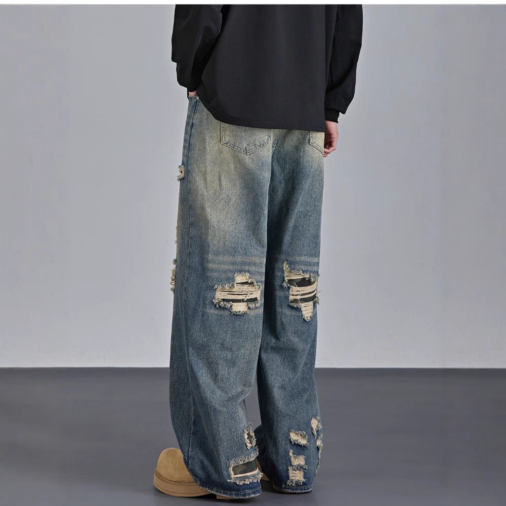Men's Camouflage Ripped Jeans – American Streetwear Straight-Leg Denim Pants - RivkaWear
