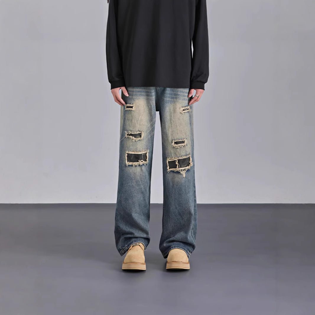 Men's Camouflage Ripped Jeans – American Streetwear Straight-Leg Denim Pants - RivkaWear