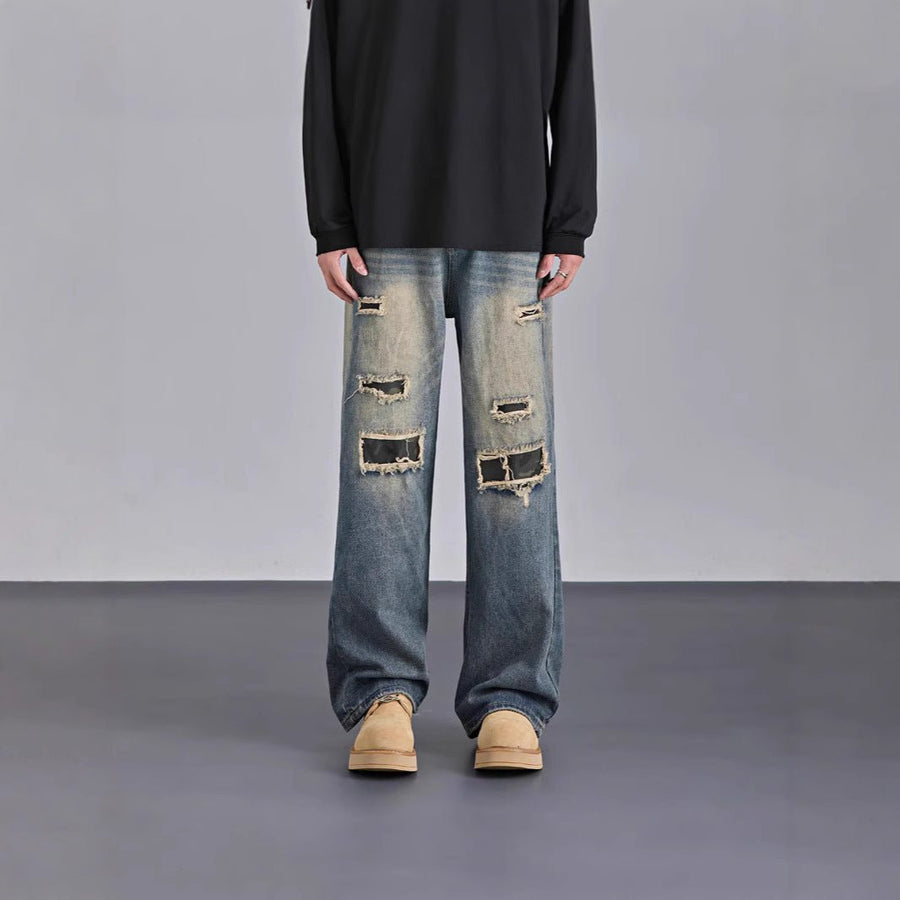 Men's Camouflage Ripped Jeans – American Streetwear Straight-Leg Denim Pants - RivkaWear