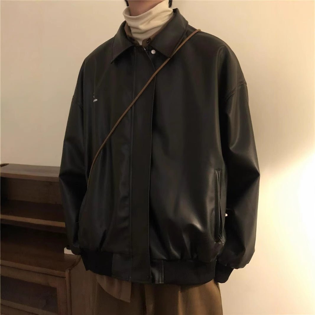 Men's Slim Fit Leather Jacket – Minimalist Black Streetwear Coat - RivkaWear