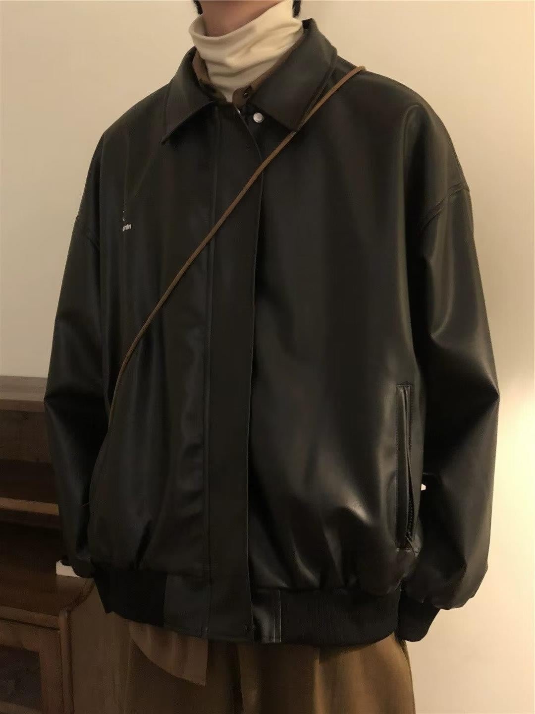 Men's Slim Fit Leather Jacket – Minimalist Black Streetwear Coat - RivkaWear