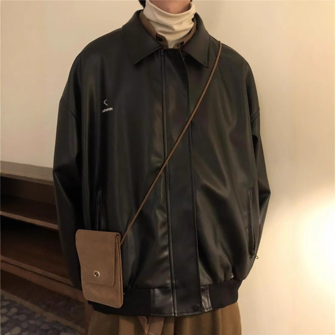 Men's Slim Fit Leather Jacket – Minimalist Black Streetwear Coat - RivkaWear