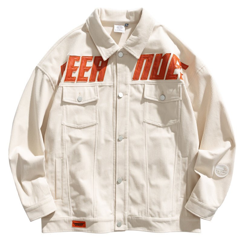 Men's Vintage Embroidered Lapel Jacket – Off-White Loose Fit Single-Breasted Coat - Rivka Wear