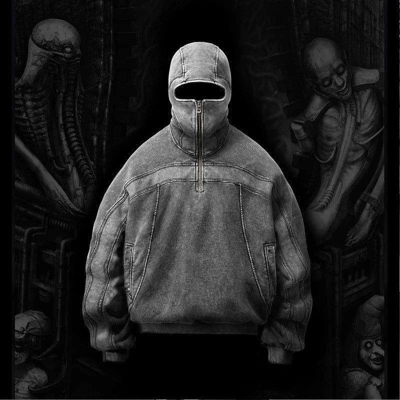 Men's Y2K Washed Vintage Street Zip Sweatshirt – Thick Hip Hop Embroidered Pullover - Rivka Wear
