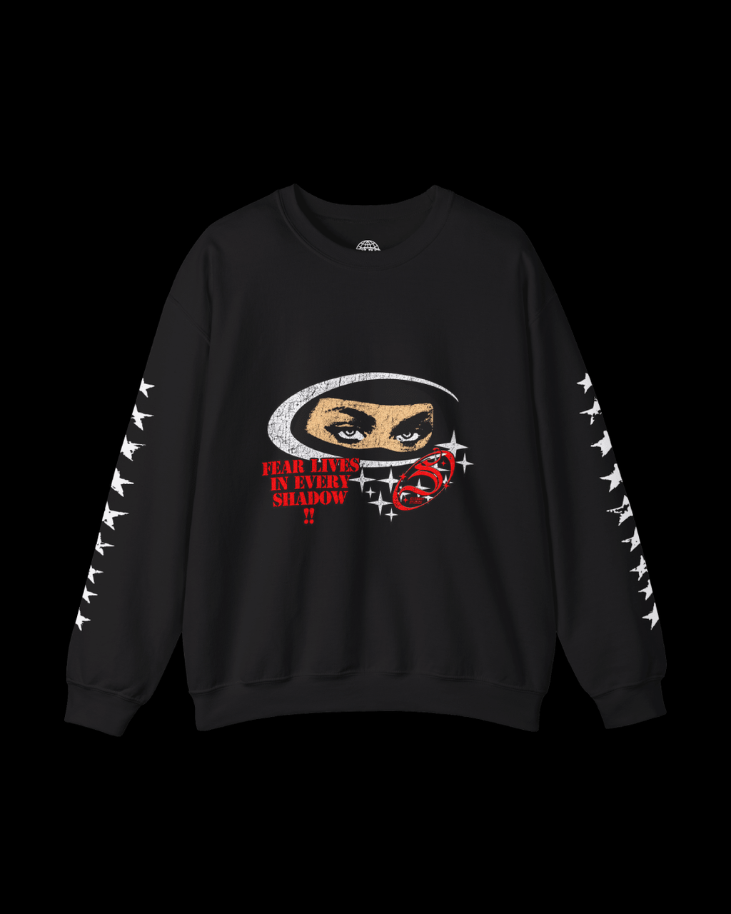 Ninja Eyes Crewneck Sweatshirt — "Fear Lives in Every Shadow" Graphic - Rivka Wear