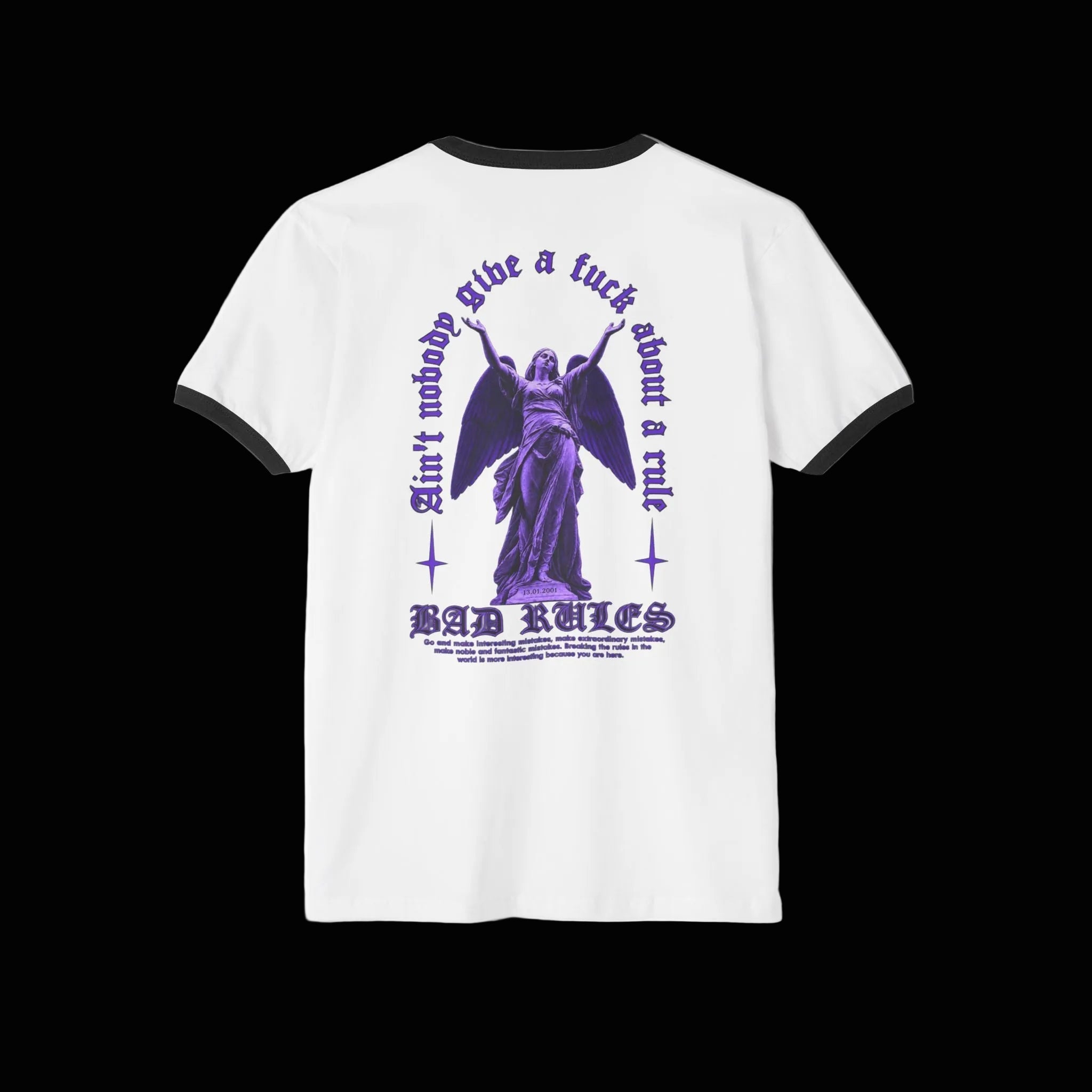 Ringer T-Shirt — 'RIVKA' Globe Front + Purple Angel 'Bad Rules' Graphic Back - Rivka Wear