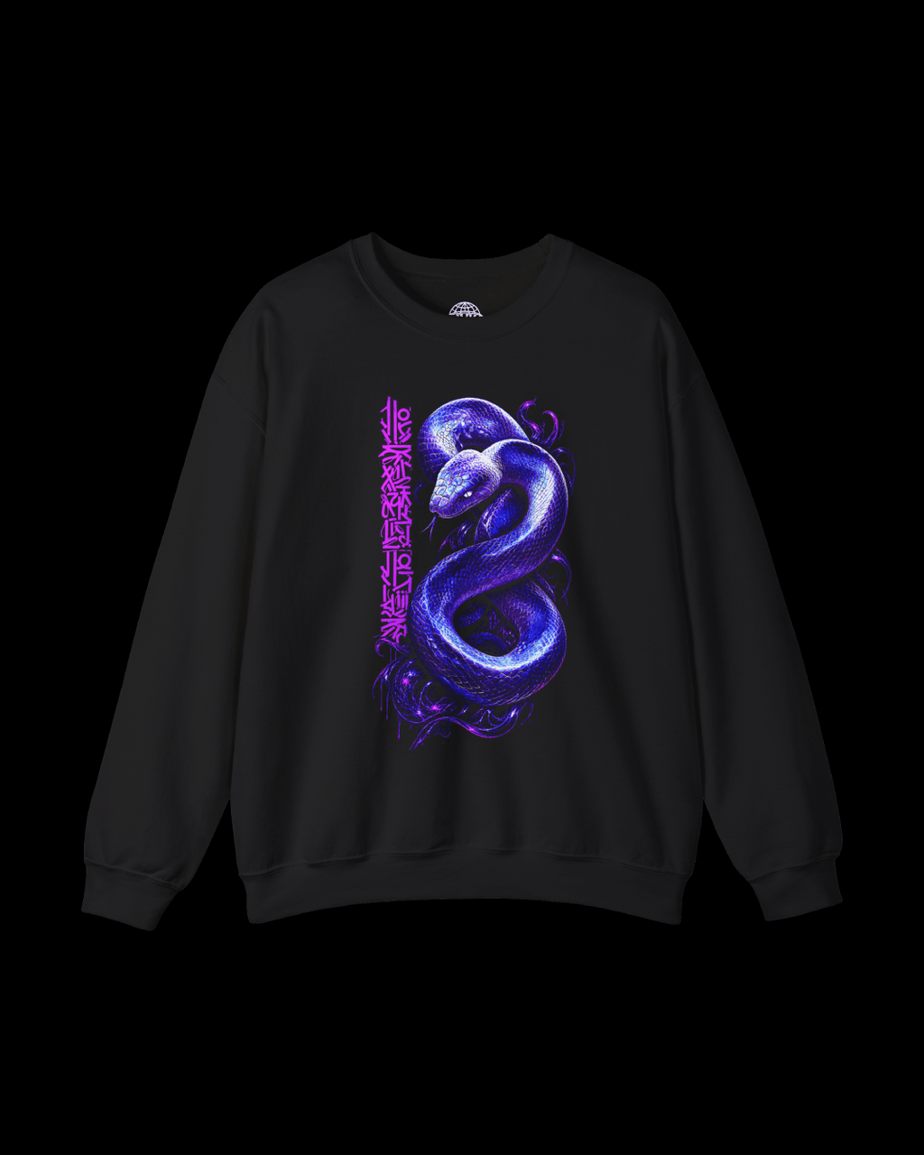 Snake Crewneck Sweatshirt — Purple Galaxy Serpent with Vertical Kanji - Rivka Wear