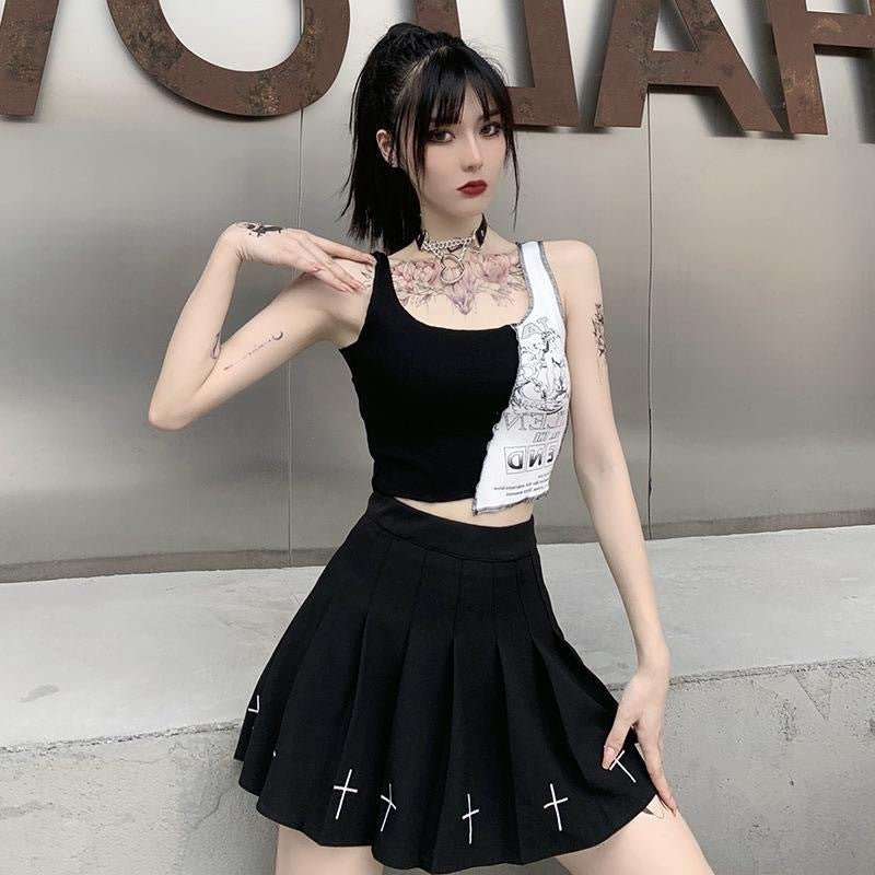 Street Style Patchwork Print Tank Top – Cotton Sleeveless Top - Rivka Wear
