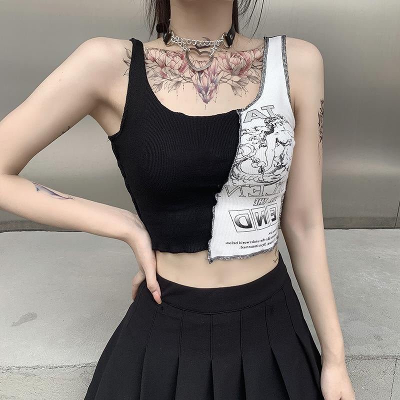 Street Style Patchwork Print Tank Top – Cotton Sleeveless Top - Rivka Wear