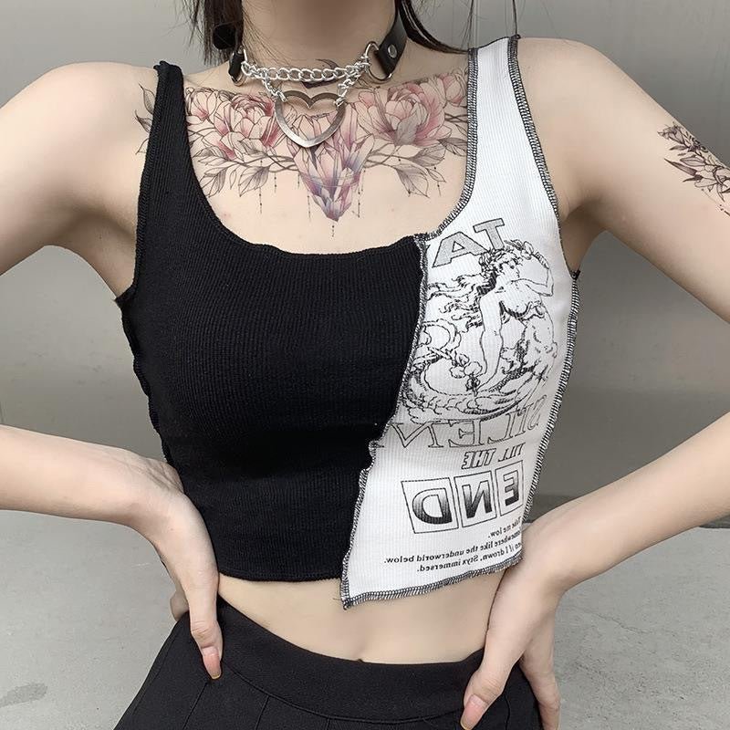Street Style Patchwork Print Tank Top – Cotton Sleeveless Top - Rivka Wear