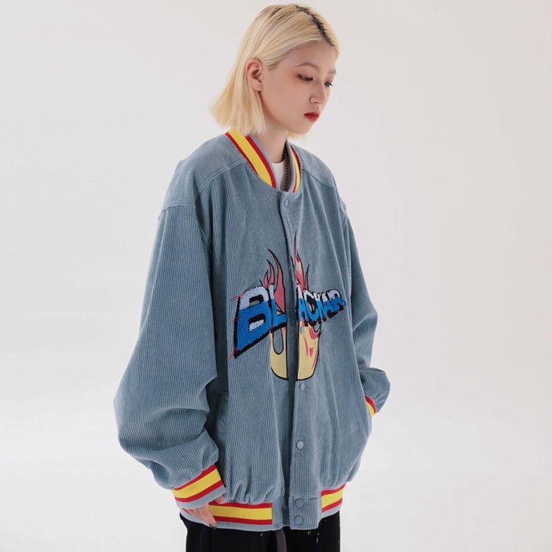 Unisex Retro High-Street Corduroy Baseball Jacket – Embroidered Loose Stitching Casual Coat - Rivka Wear