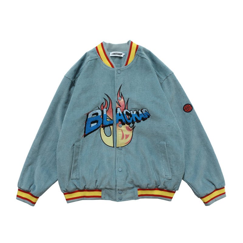 Unisex Retro High-Street Corduroy Baseball Jacket – Embroidered Loose Stitching Casual Coat - Rivka Wear