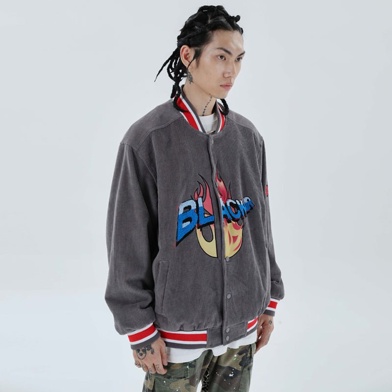 Unisex Retro High-Street Corduroy Baseball Jacket – Embroidered Loose Stitching Casual Coat - Rivka Wear