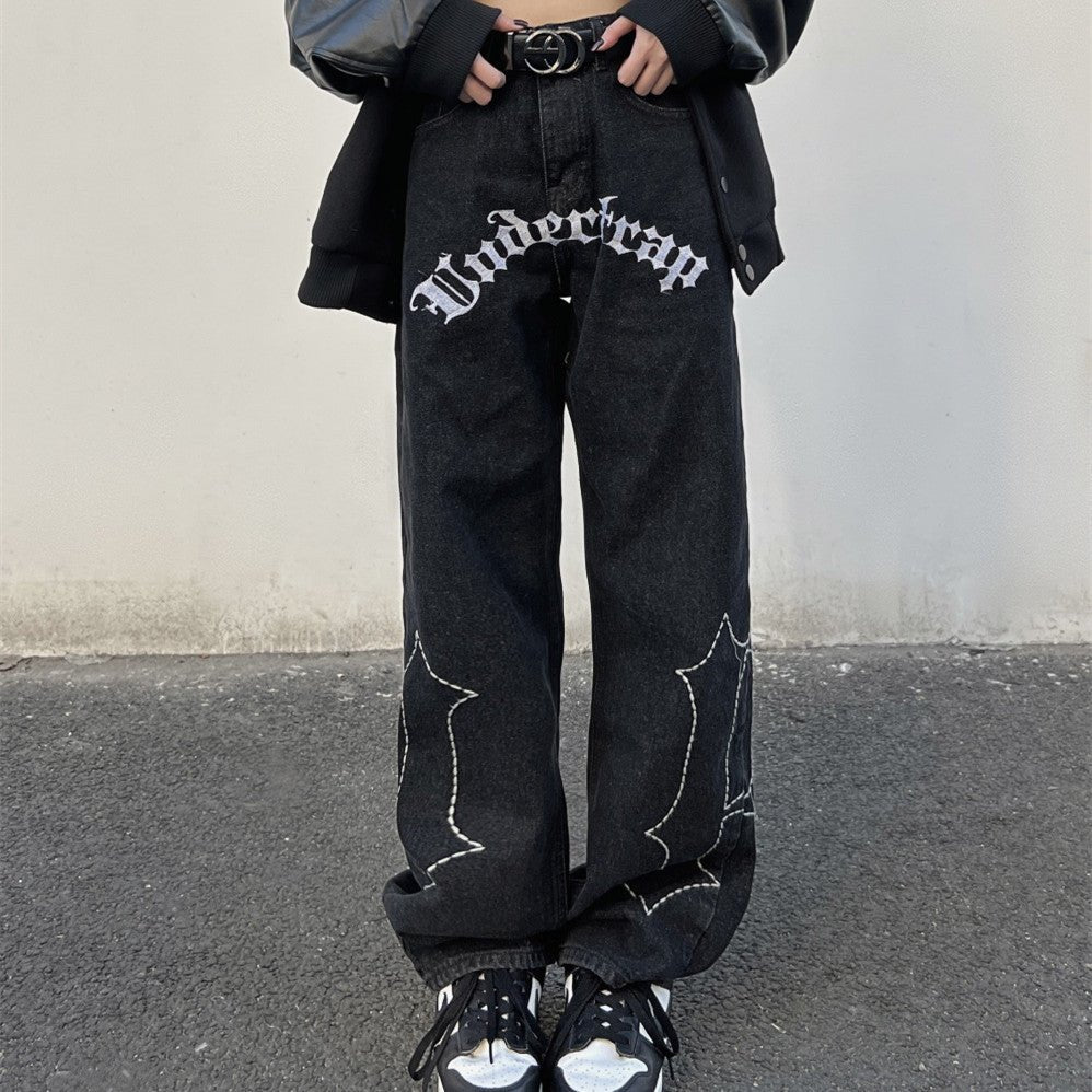 Woman's Letter Embroidered Straight-Leg Jeans – Black Cotton Denim Pants - Rivka Wear