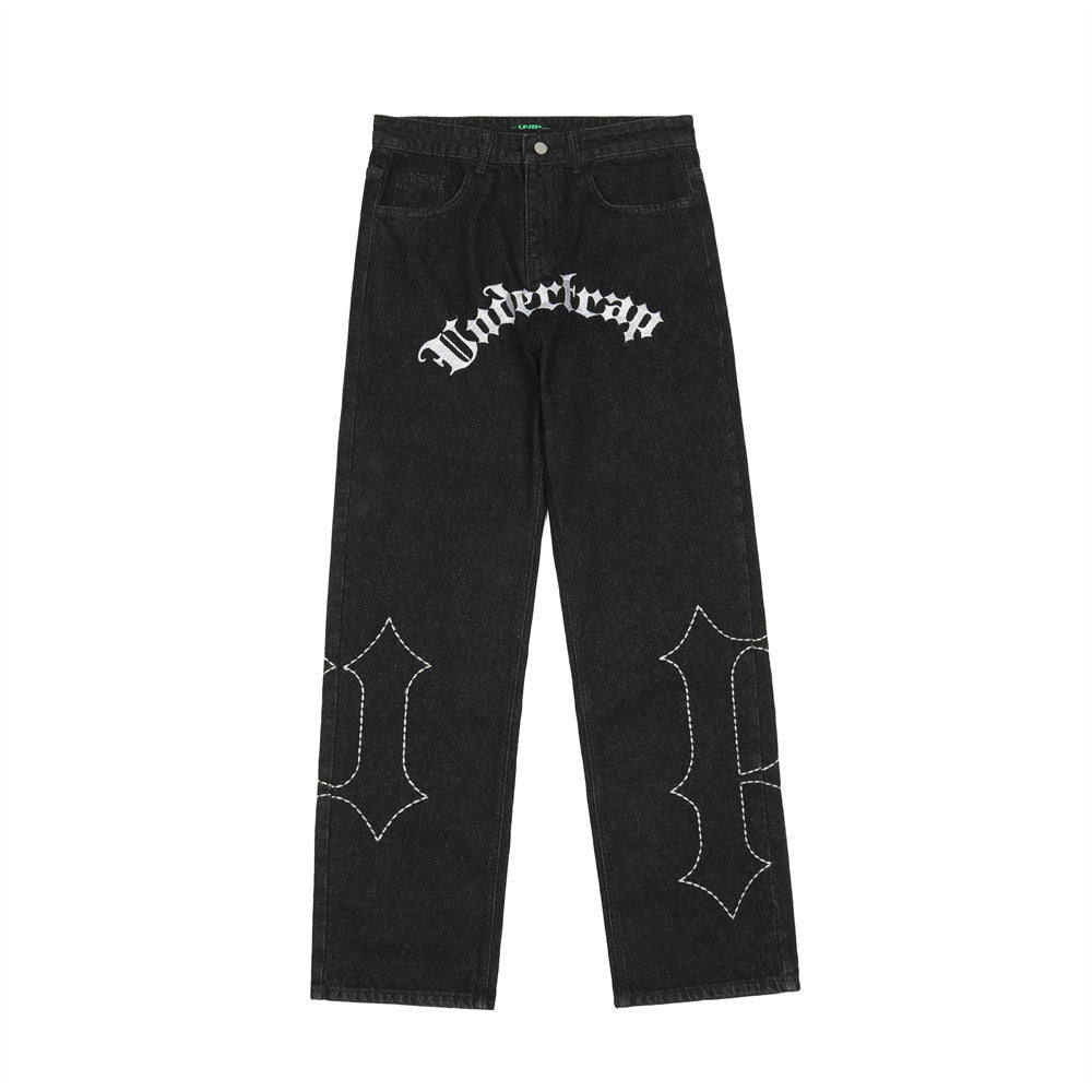 Woman's Letter Embroidered Straight-Leg Jeans – Black Cotton Denim Pants - Rivka Wear