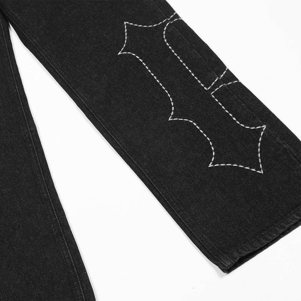 Woman's Letter Embroidered Straight-Leg Jeans – Black Cotton Denim Pants - Rivka Wear