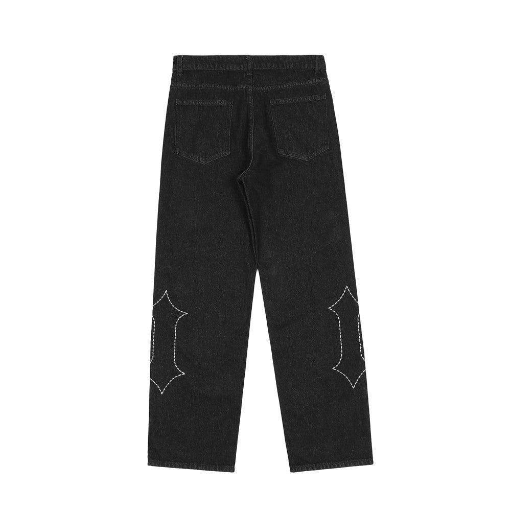 Woman's Letter Embroidered Straight-Leg Jeans – Black Cotton Denim Pants - Rivka Wear