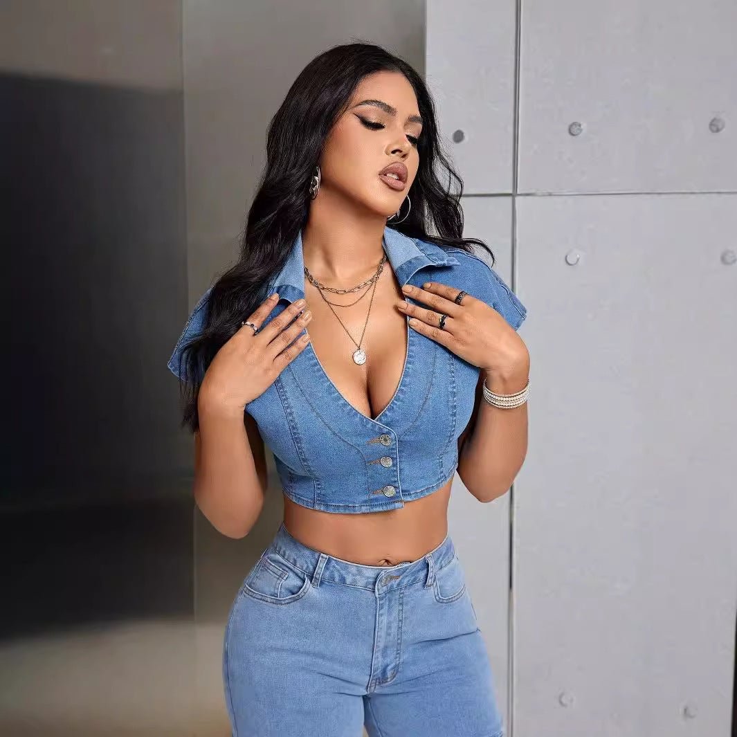 Women's Denim-Inspired Streetwear Top – Slim Fit Button-Up Shirt - RivkaWear
